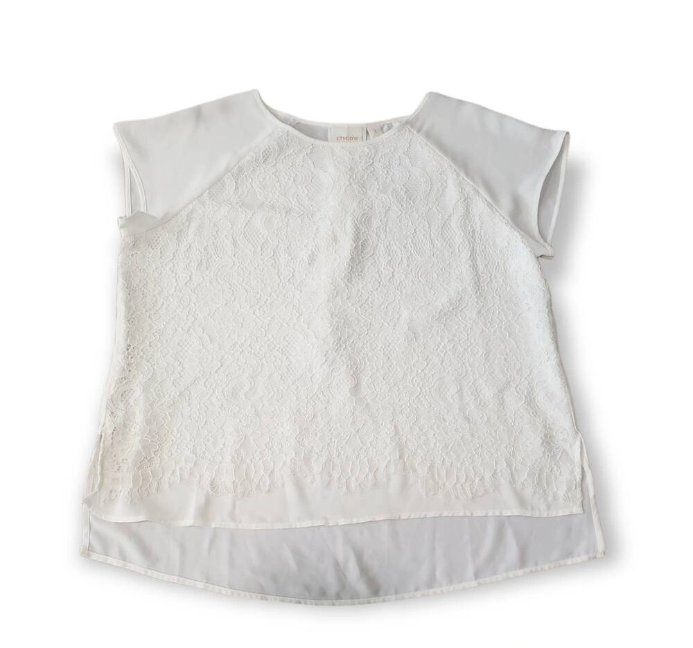 Chicos White Front Lace Floral Design Short Sleeved Shirt - Size 3